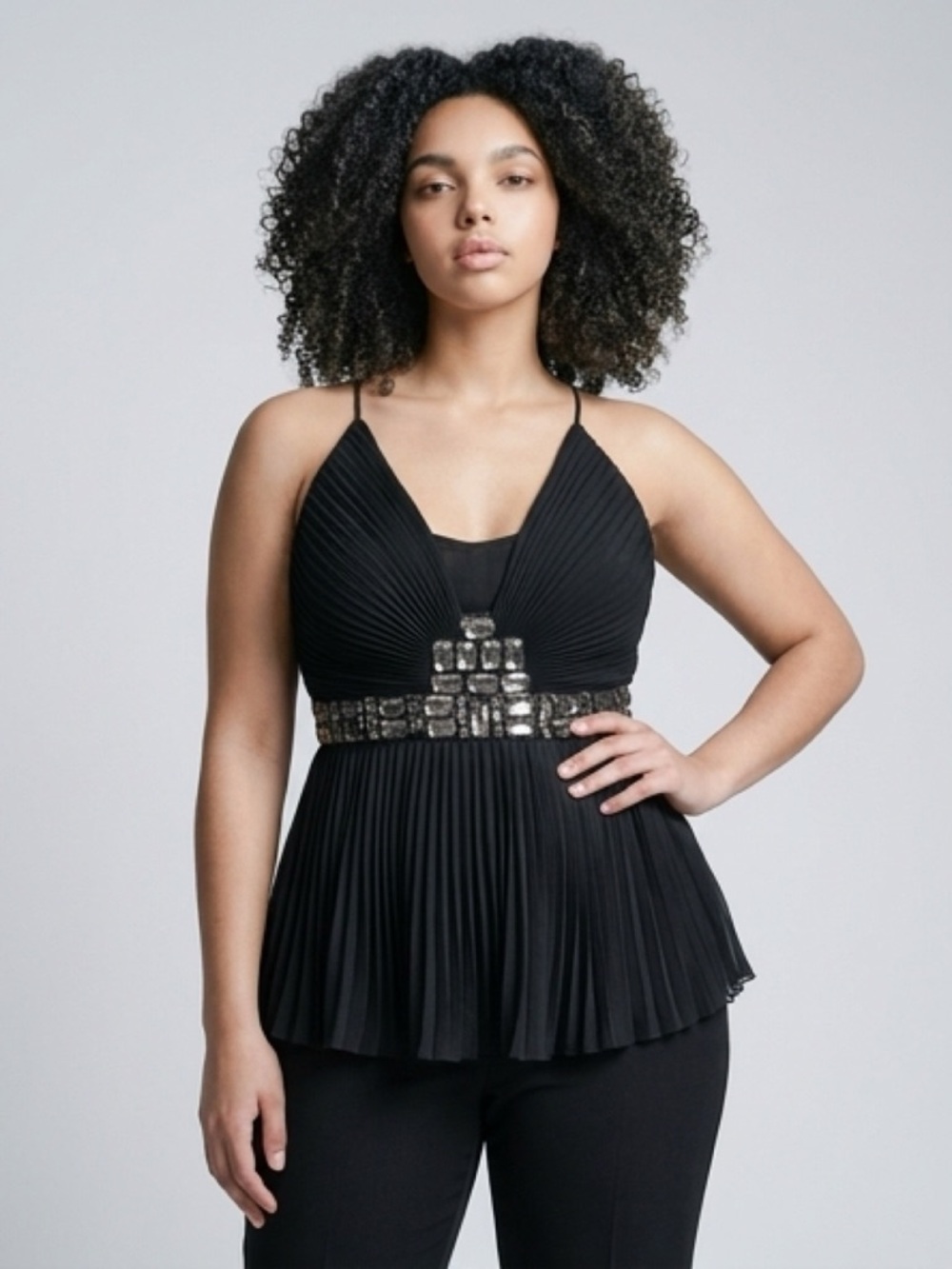 Just Cavalli Black Pleated Camisole with Embellished Waist